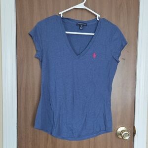 Ralph Lauren Women's Heather Blue V-Neck Tee With Pink Logo.